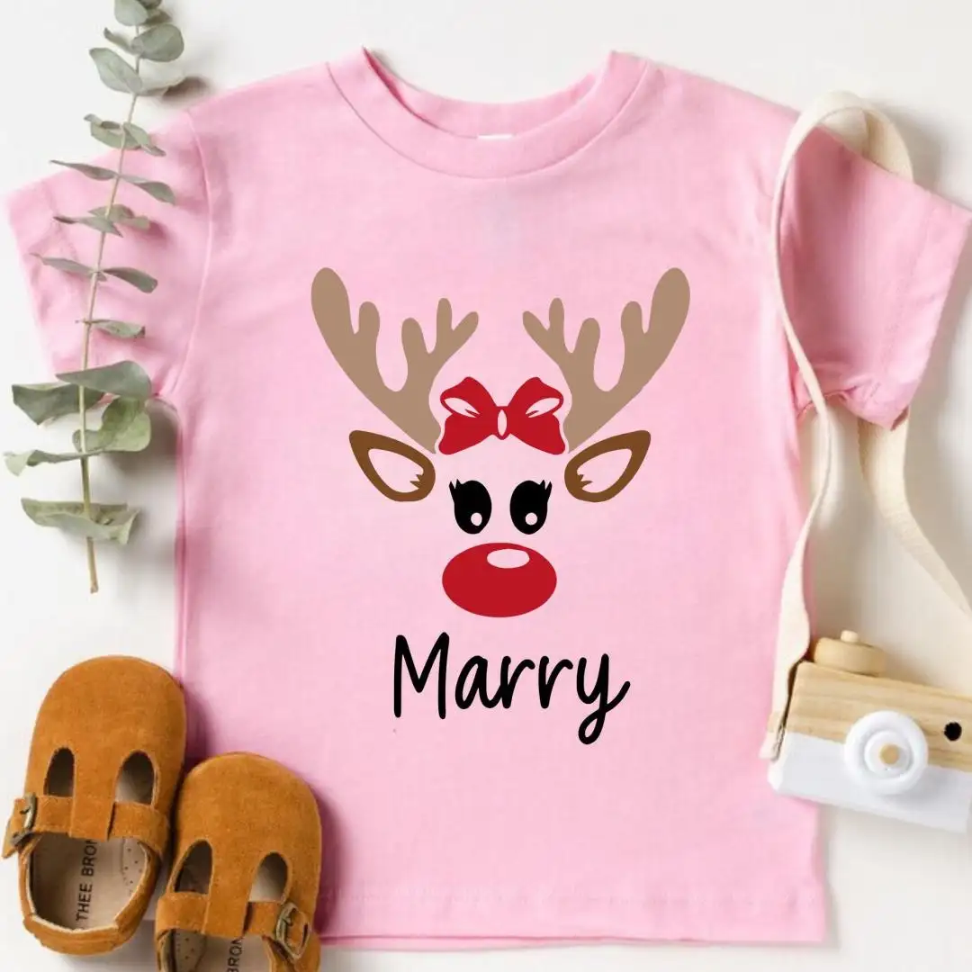 Girls Christmas Shirt, Reindeer Face Shirt, Custom Baby Christmas Shirt, Personalized Reindeer Name Shirt For Kids, Toddler Christmas Tee