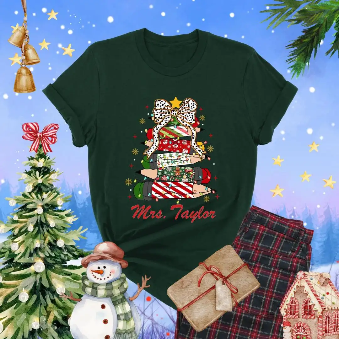 Personalized Teacher Christmas T-Shirt, Custom Name Teacher Shirt, Christmas Pencil Tree, Holiday Teacher Shirt, Christmas Gift for Teacher