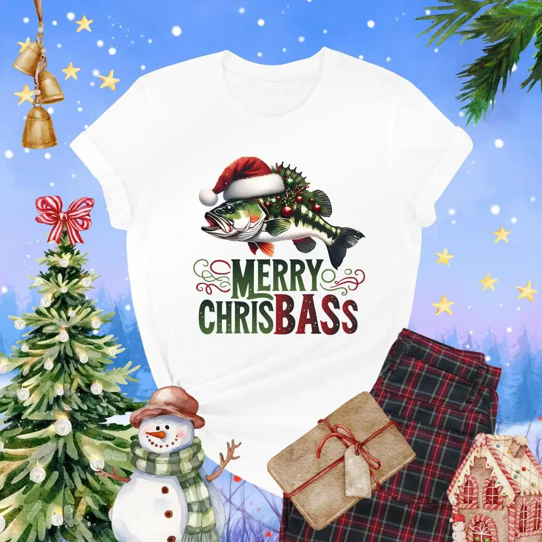 Christmas Fishing Shirt, Bass Fishing Christmas Gift, Santa Hat Fish Shirt, Merry Chrisbass, Dad Fishing Gift, Funny Fish Lover Holiday Tee