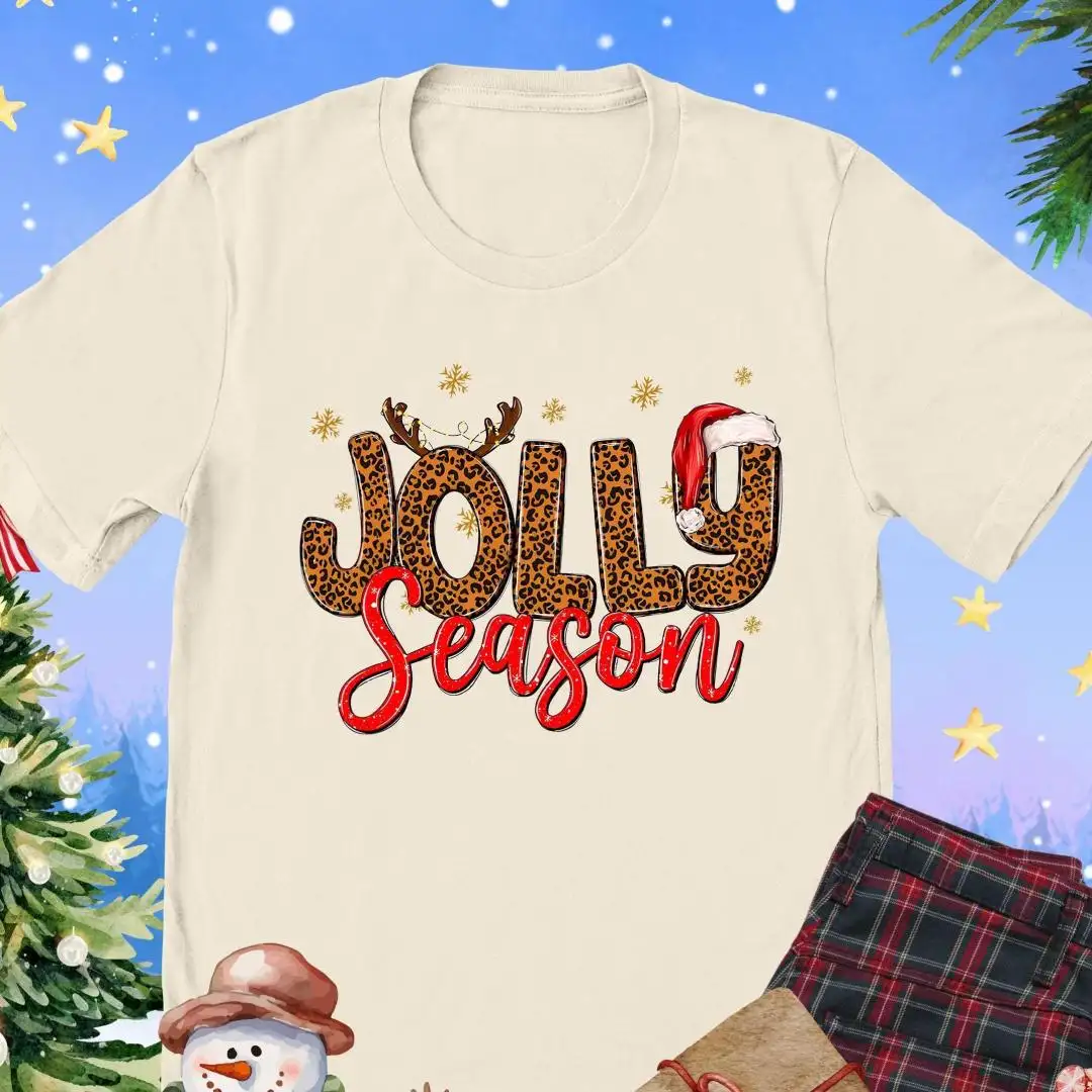 Jolly Season Shirt, Xmas Holiday Shirt, Christmas Mom Gift, Merry Christmas Tee, Women Christmas Shirt, Girly Xmas, Leopard Christmas Shirt