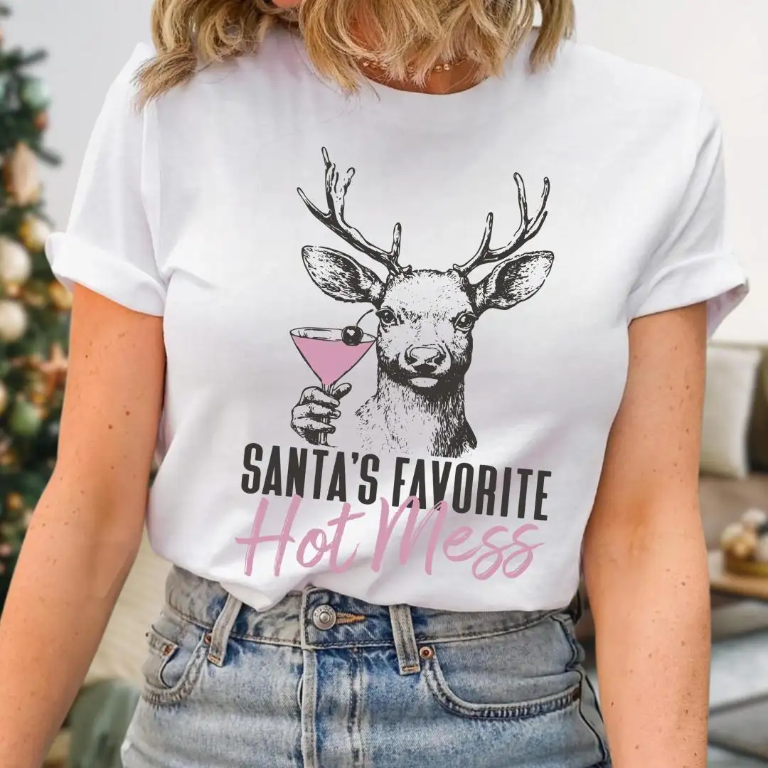 Santa's Favorite Hot Mess Shirt, Funny Christmas Reindeer Tee, Holiday Party Outfit for Women, Cute Festive Drinking Shirt, Xmas Gift Idea