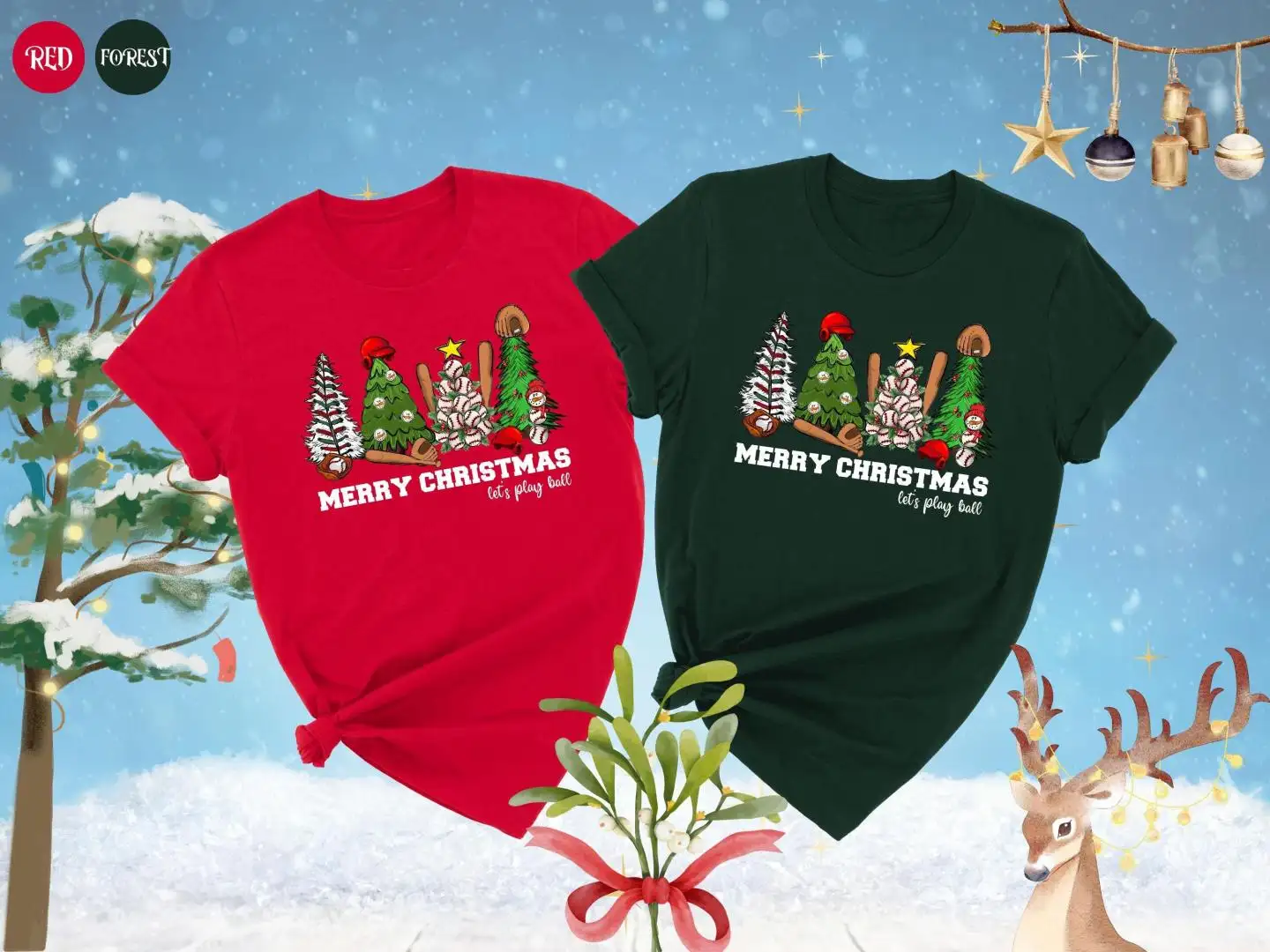 Christmas Baseball Shirt, Christmas Gift For Baseball Fans, Funny Xmas Baseball Tee, Christmas Tree T-Shirt, Merry Christmas Let’s Play Ball