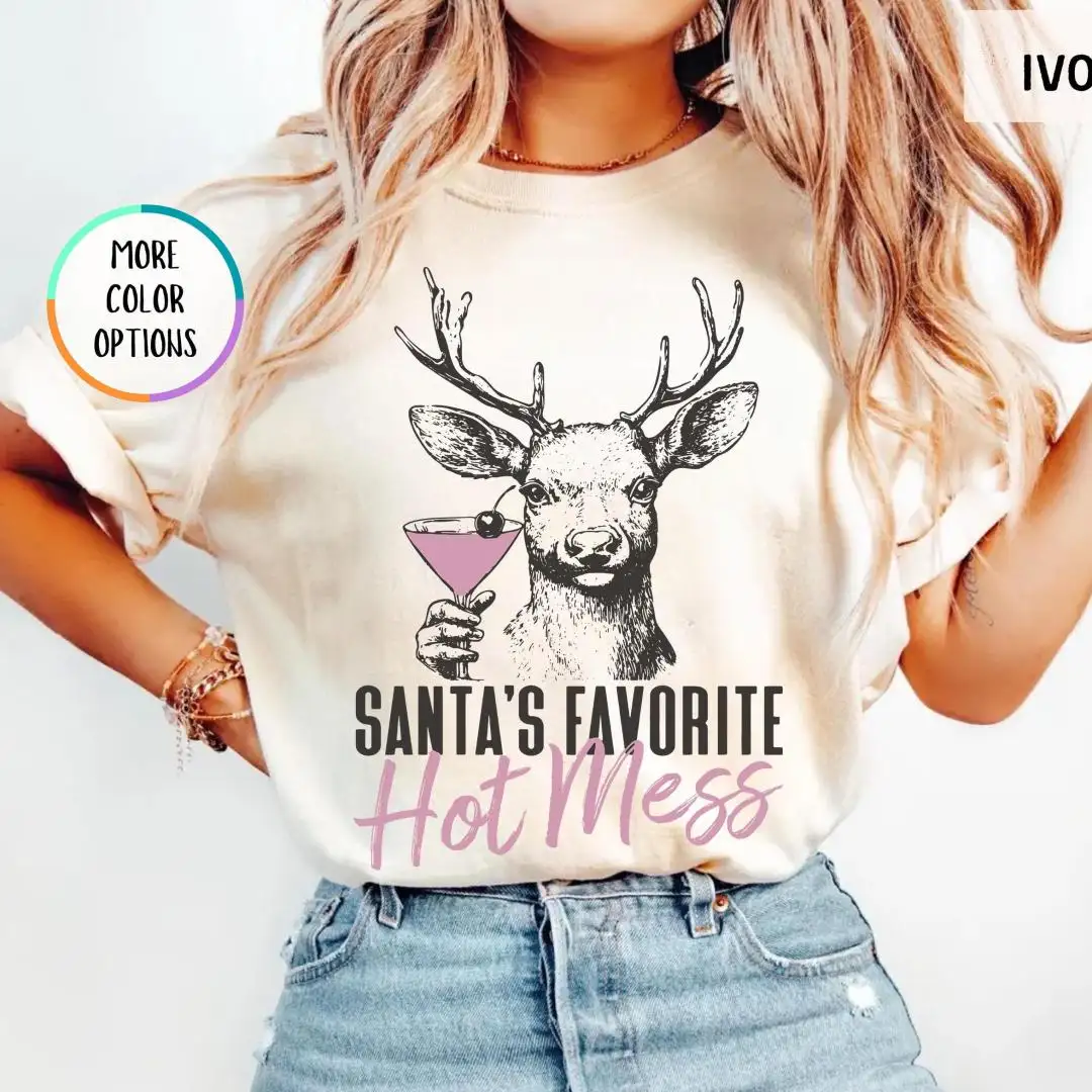 Comfort Colors Santa's Favorite Hot Mess Shirt, Christmas Party Shirt, Holiday Reindeer Tee, Funny Christmas Drink Shirt, Xmas Martini Shirt