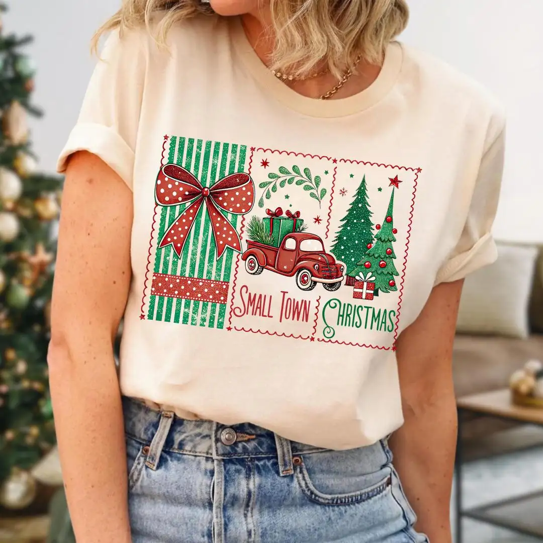 Small Town Christmas Shirt, Country Christmas T-Shirt for Women, Vintage Look Farmhouse Holiday Pajama Top, Red Truck Tree Farm Holiday Tee