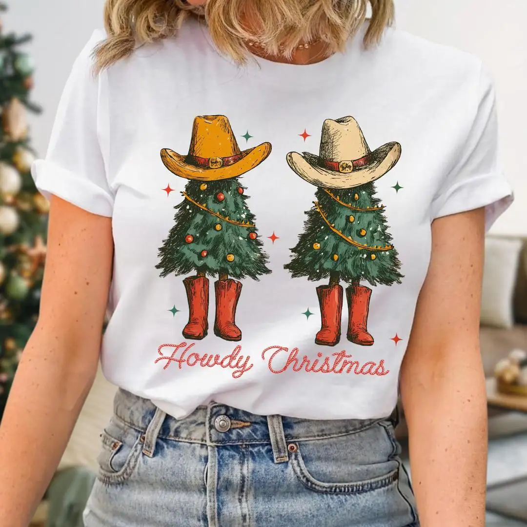 Howdy Christmas Shirt, Cowboy Boots and Hat Holiday Shirt, Cute Country Christmas Graphic T-Shirt Women, Western Cowgirl Christmas Tree Tee