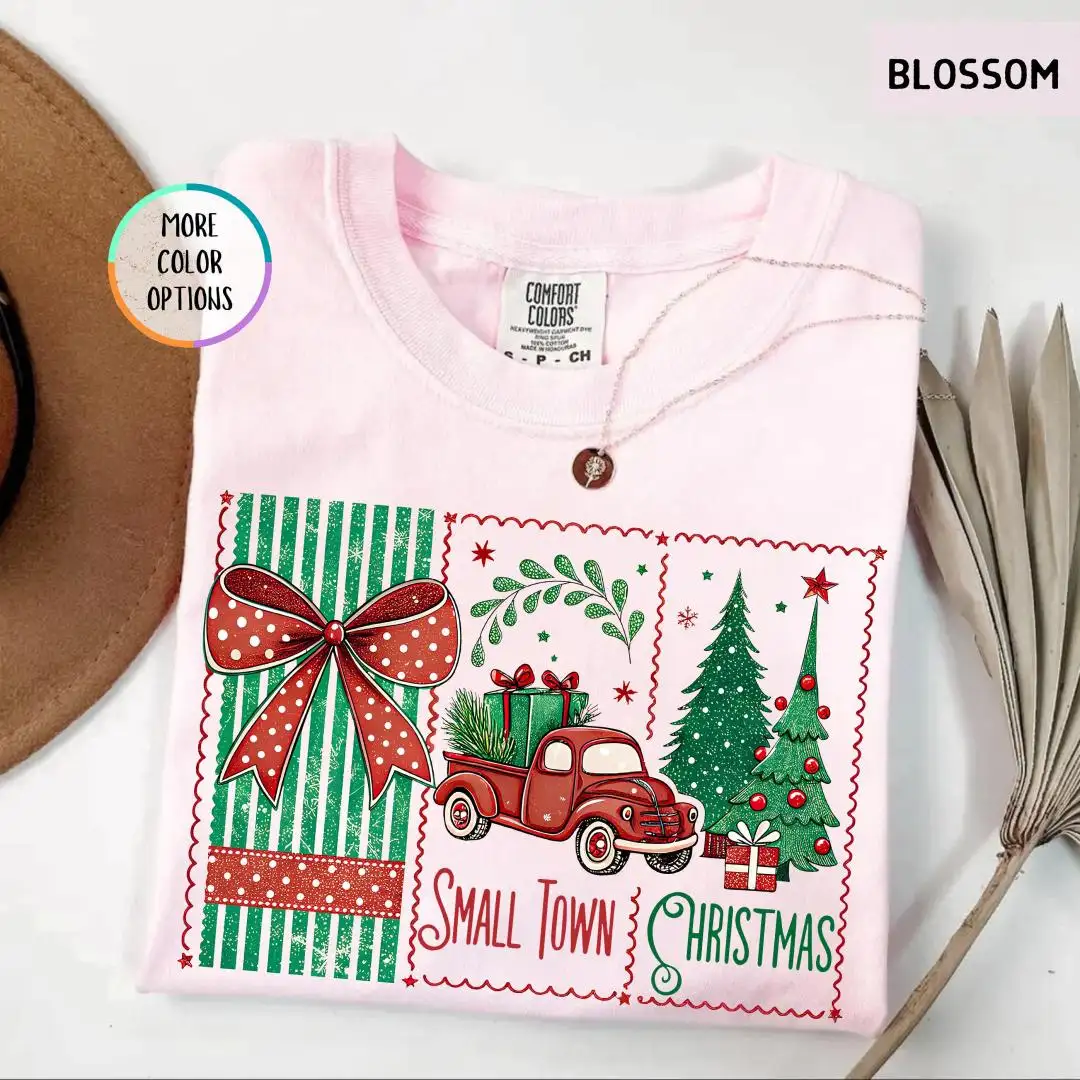 Comfort Colors Small Town Christmas Shirt, Red Truck Holiday Tee with Tree Farm, Cozy Winter Women Tee, Country Christmas Aesthetic Shirt