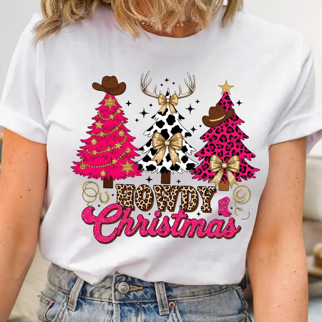 Howdy Christmas Shirt, Cute Cow Print Tree Top, Western Cowboy Holiday Tee, Southern Rodeo Christmas Outfit, Country Girl Xmas T-Shirt
