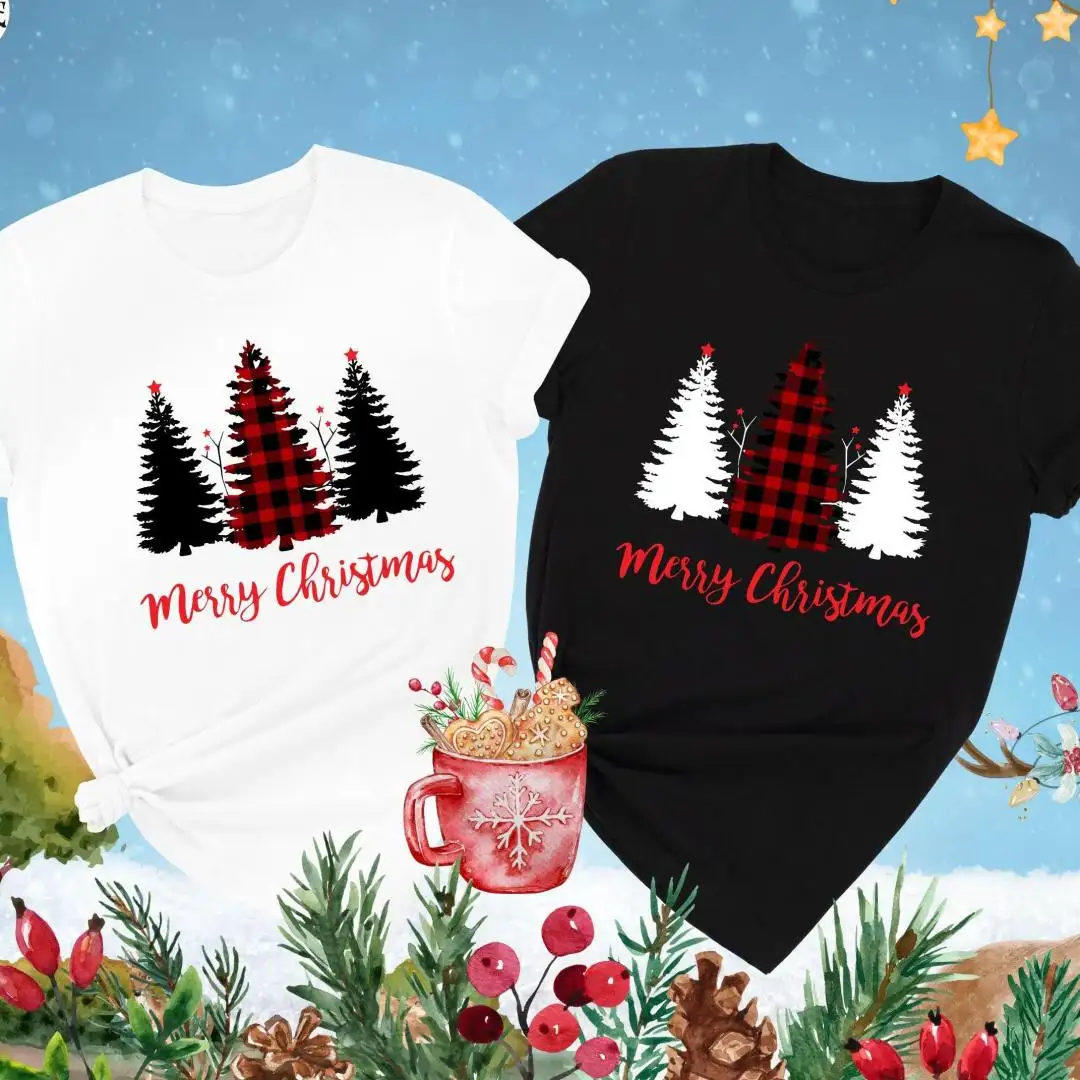 Merry Christmas T-Shirt, Christmas Gift Idea, Winter Season Shirt, Christmas Plaid Tree Shirt, Holiday Graphic Tee, Festive Xmas Shirt