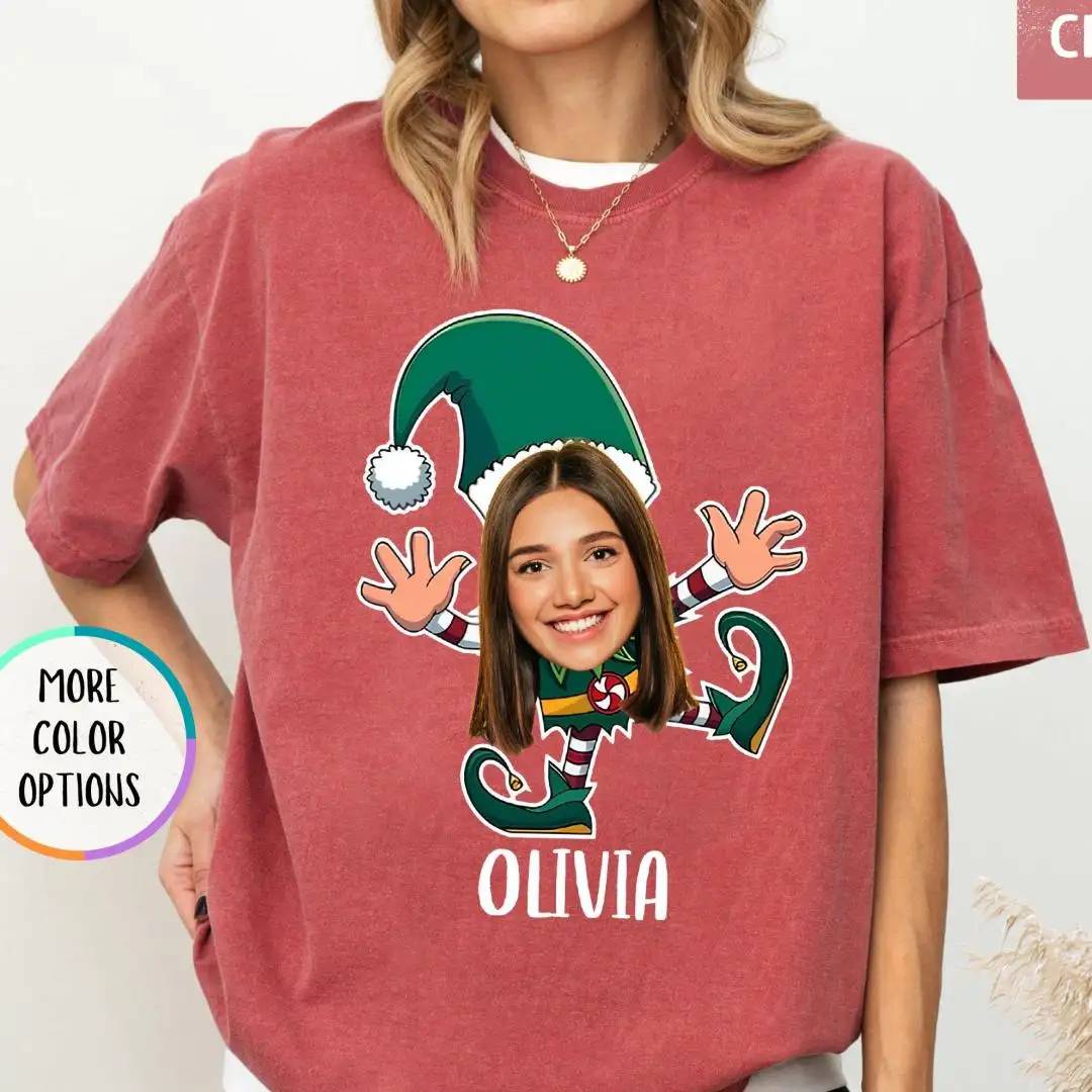 Comfort Colors Custom Face Christmas Tee with Name, Cute Xmas Gift, Funny Elf Shirt, Personalized Photo Holiday, Christmas Party Crew Shirt