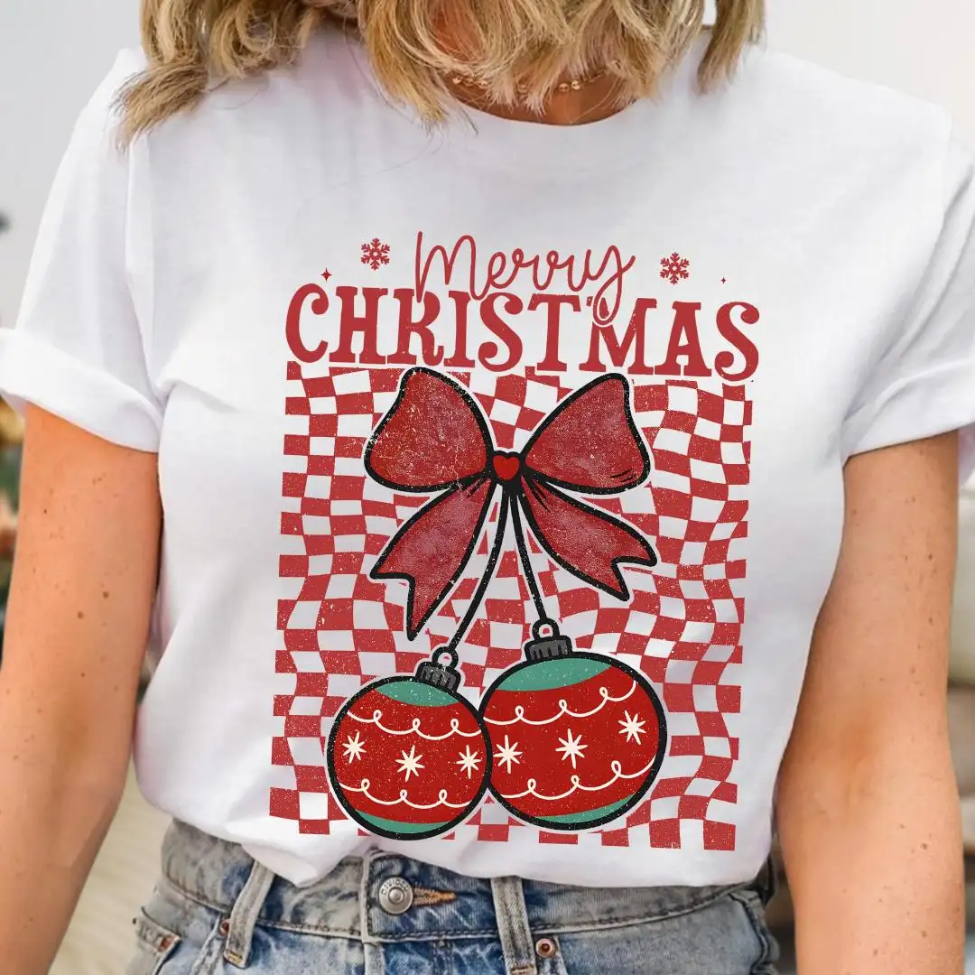 Merry Christmas T-Shirt, Fun Holiday Outfit, Red Ornament Holiday Tee, Festive Bow Christmas Top, Xmas Party Tee, Cute Winter Graphic Shirt