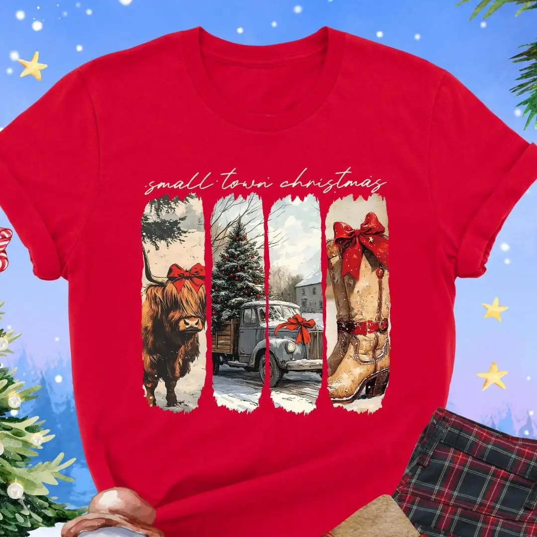Small Town Christmas Shirt, Cozy Winter Graphic Shirt, Red Highland Cow Truck Boots Tee, Western Holiday Gift, Country Girl Christmas Shirt