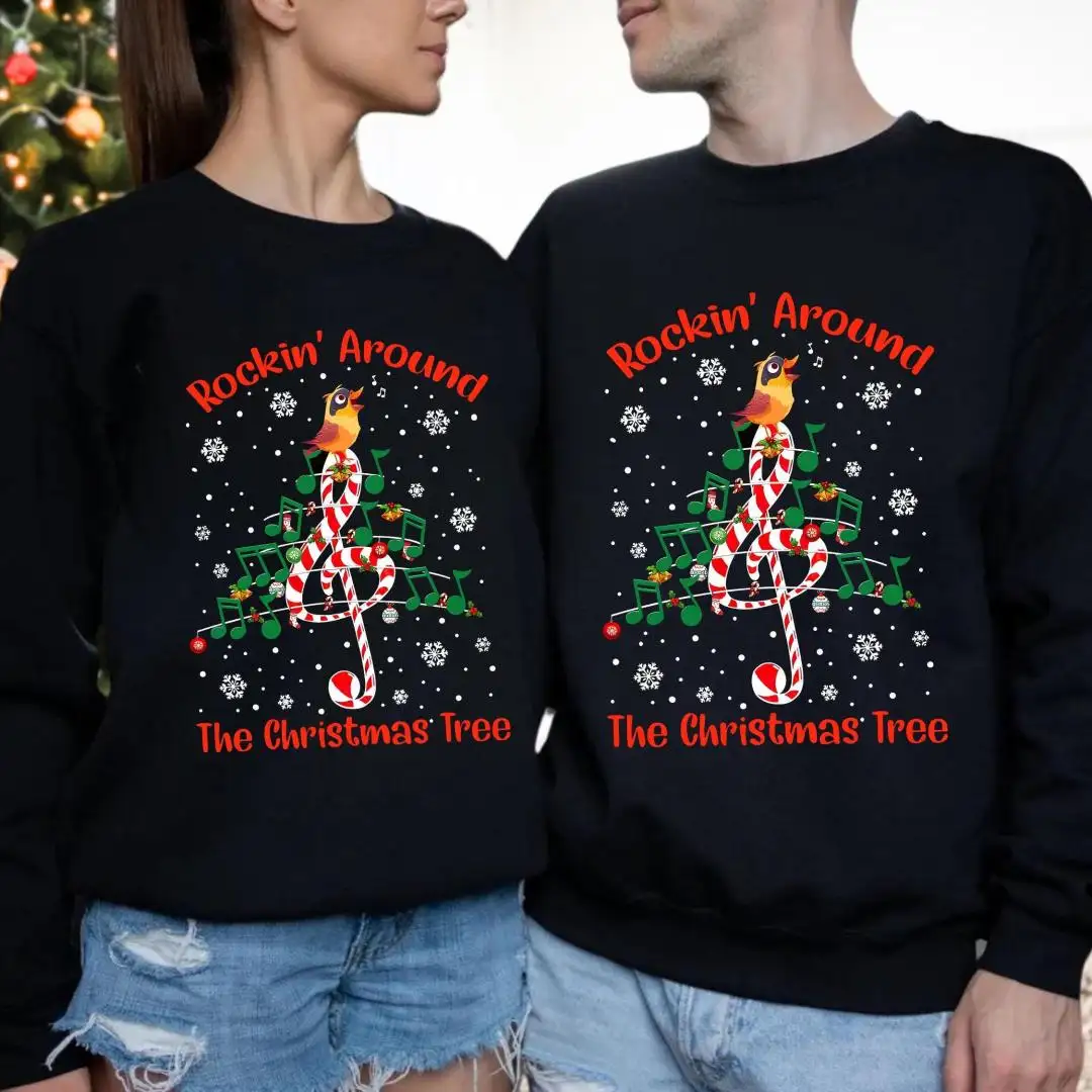 Rockin' Around The Christmas Tree Sweatshirt, Christmas Music Notes Tree Hoodie, Holiday Music Teacher Gift, Christmas Song Sweatshirt