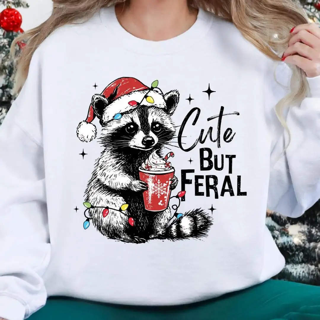 Cute But Feral Christmas Raccoon Shirt, Funny Christmas Raccoon Tee, Festive Raccoon Sweatshirt, Merry Christmas, Festive But Feral Sweater