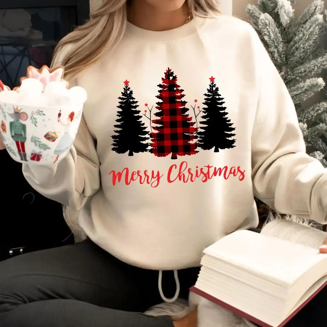 Merry Christmas Sweatshirt, Holiday Hoodie, Cute Winter Sweater, Christmas Crewneck Sweatshirt, Christmas Gift for Women, Christmas Trees Tee