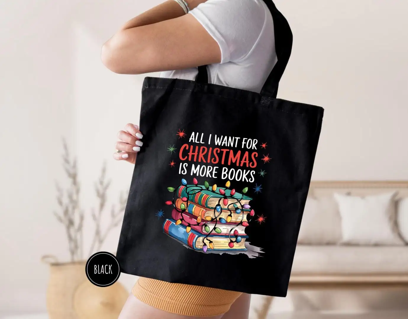 Christmas Book Tote Bag, All I want for Christmas, Present for Book lovers, Library Tote bag, Teacher Gift, Christmas Gift for Librarians
