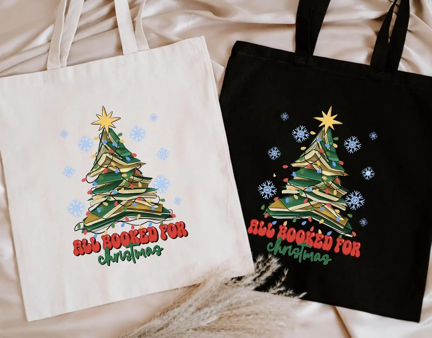 All Booked for Christmas Tote Bag, Book Tree Tote, Bookworm Gift, Christmas Book Tote Bag, Festive Holiday Tote for Book Lovers, Xmas Bag
