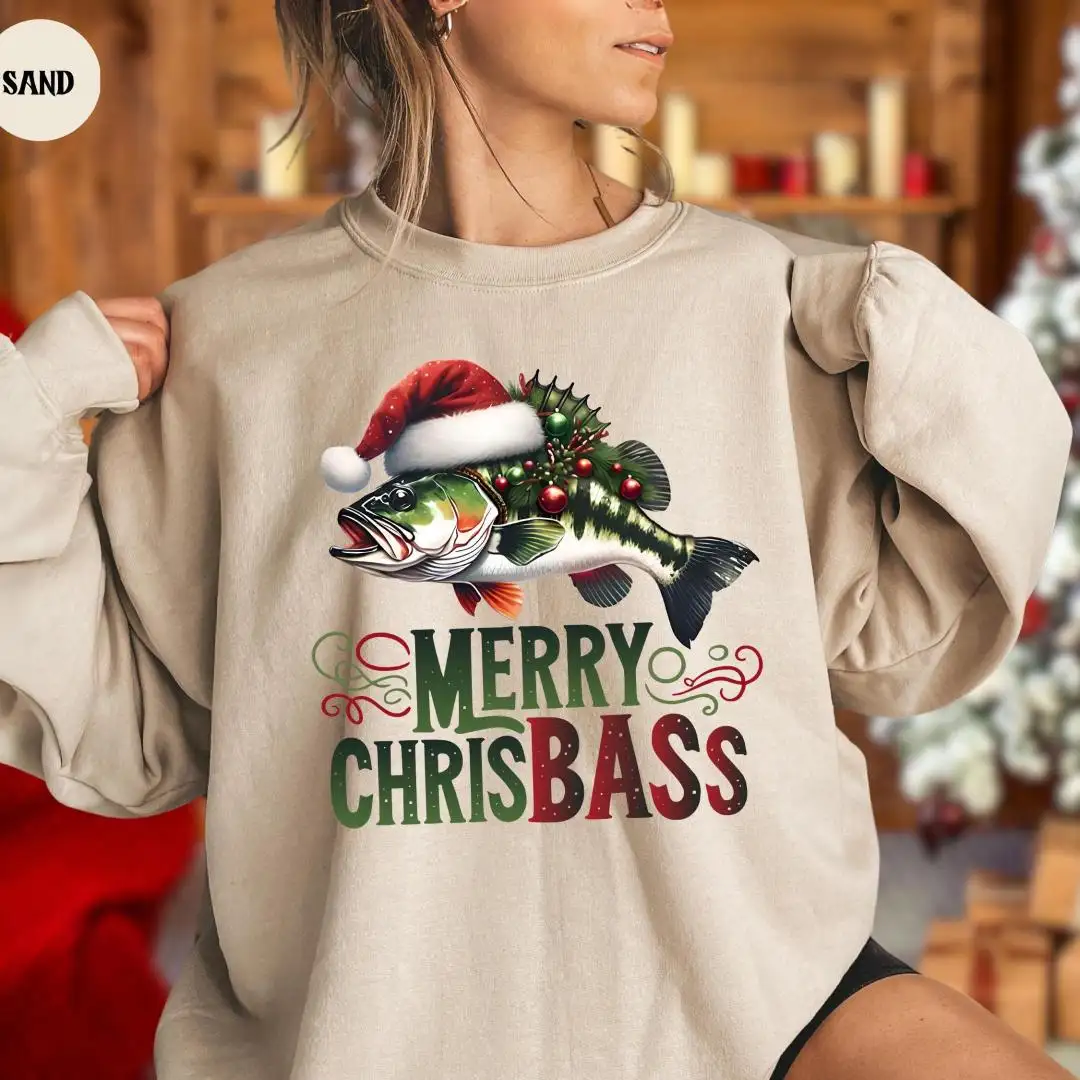 Merry ChrisBass Christmas Sweatshirt, Christmas Fish Gift, Fishing Christmas Hoodie, Unisex Holiday Crewneck, Funny Bass Fisherman Sweater