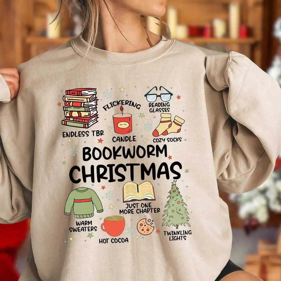 Bookworm Christmas Sweatshirt, Christmas Book Hoodie, Bookish Librarian Sweatshirt, Book Club Tee, Gift for Book Lover, Holiday Teacher Gift
