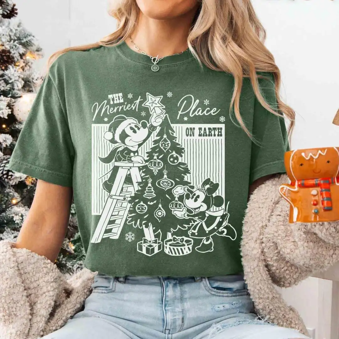 Retro Mickey and Minnie The Merriest Place On Earth Shirt, Christmas Gift for Kid, Disney Christmas Shirt, Very Merry Christmas Party Shirt