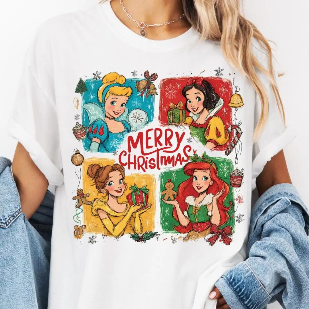Comfort Colors® Disney Princess Merry Christmas Shirt, Disney Watercolor Princesses Christmas Tee, Ariel Snow White Cinderella Belle Xmas
