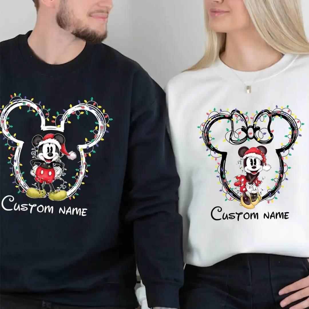 Custom Name Disney Couples Christmas Matching Shirts, Disney Family Xmas Party Matching Shirt, Mickey and Minnie Christmas Lights T-Shirt
