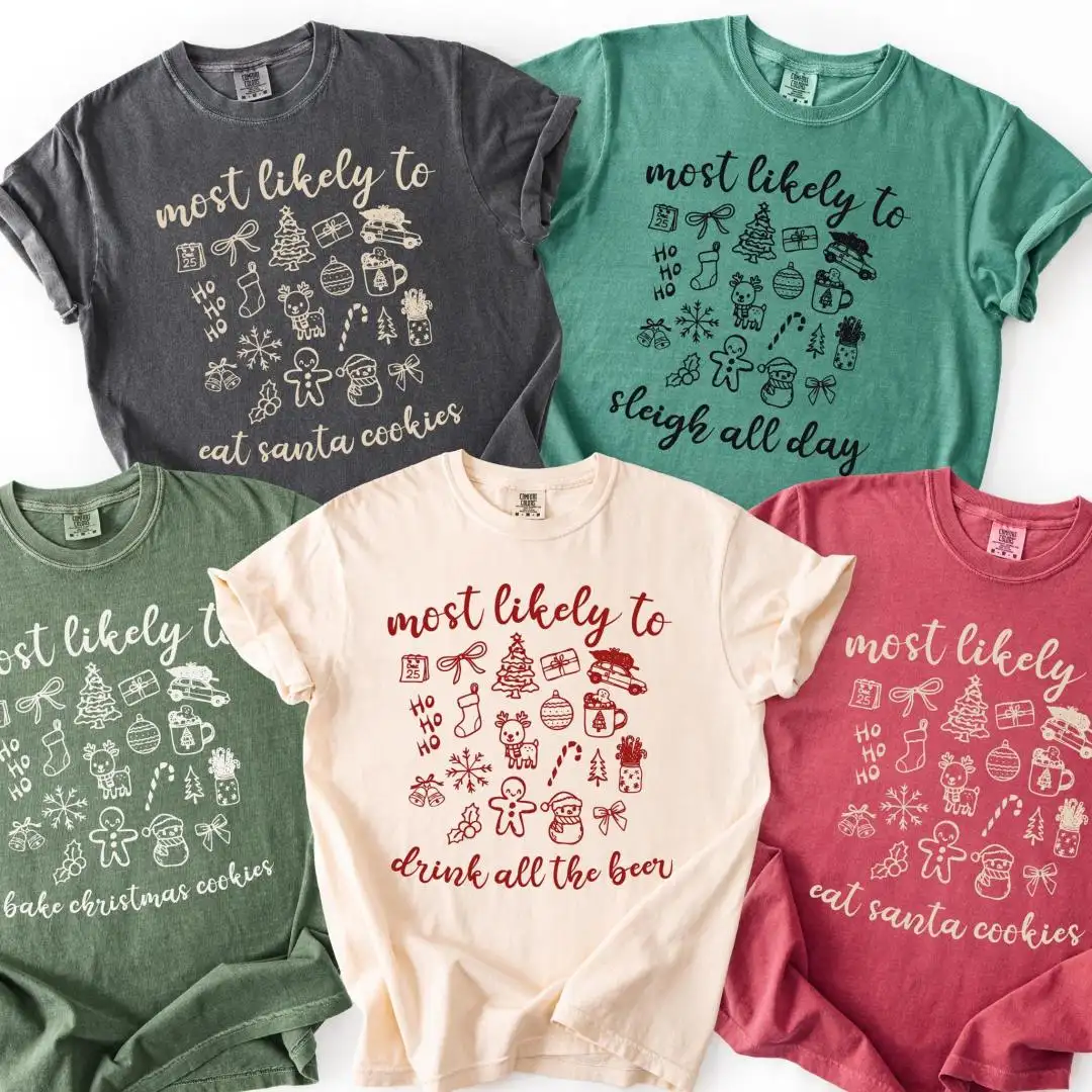 Comfort Colors® Most Likely To Christmas Custom Text Shirt, Personalized Christmas Family Matching Tee, Christmas Objects Family T-Shirt