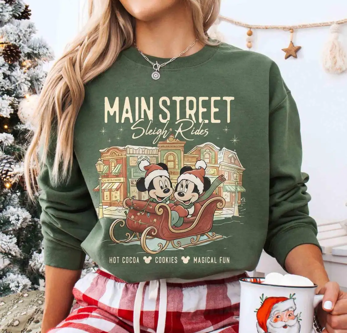 Retro Main Street Sleigh Rides Disney Christmas Shirt, Disney Family Christmas Shirt, Disney Mickey & Minnie Sweatshirt, Disney Holiday Tee