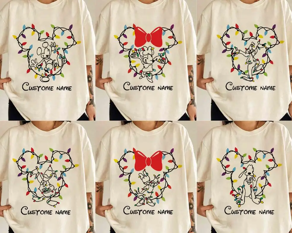 Custom Name Disney family Christmas Matching Shirt, Mickey And Friends Christmas Lights T-Shirt, Disney Group matching Xmas Party 2025 tee