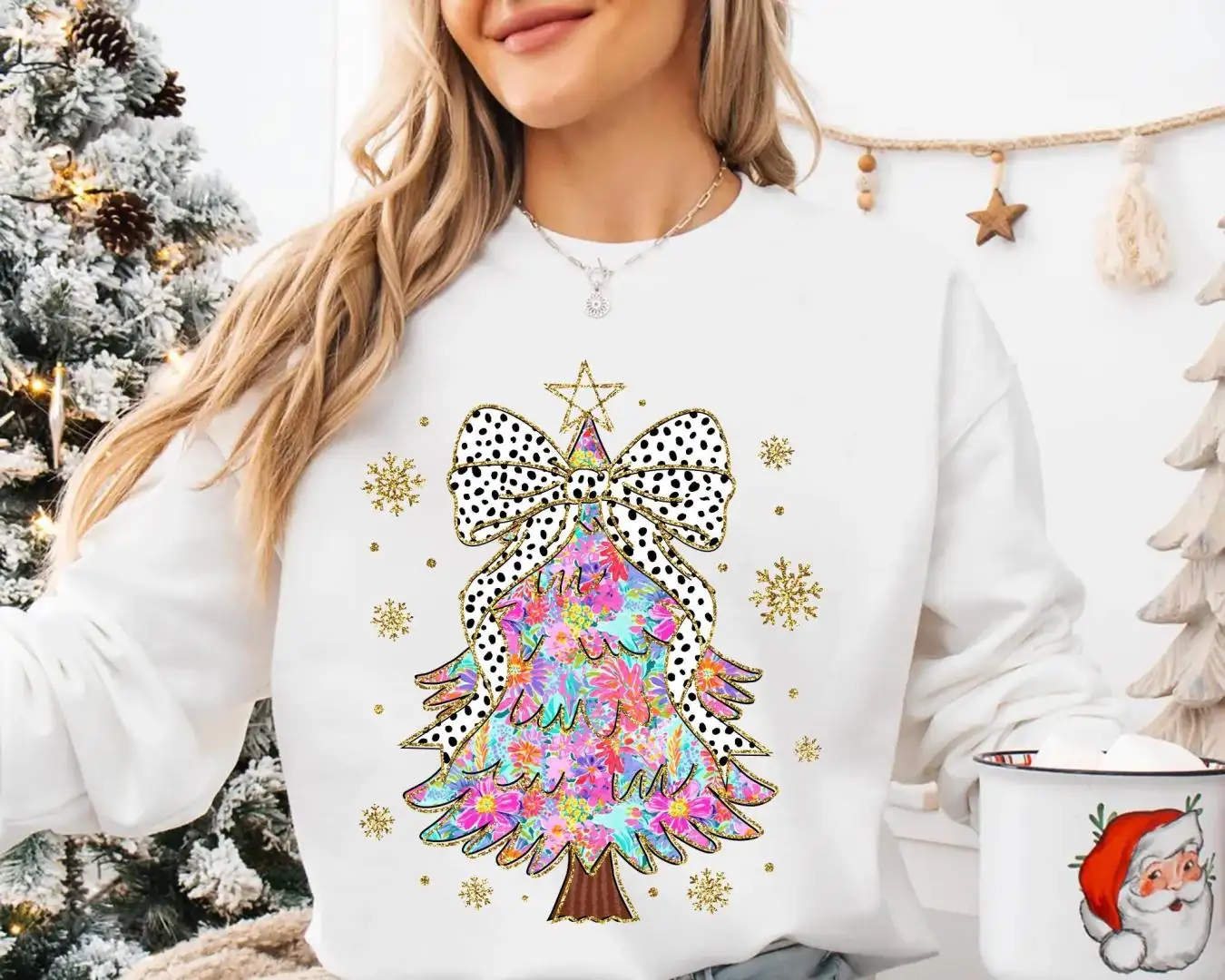 Glitter Floral Christmas Tree Shirt Gift for Women