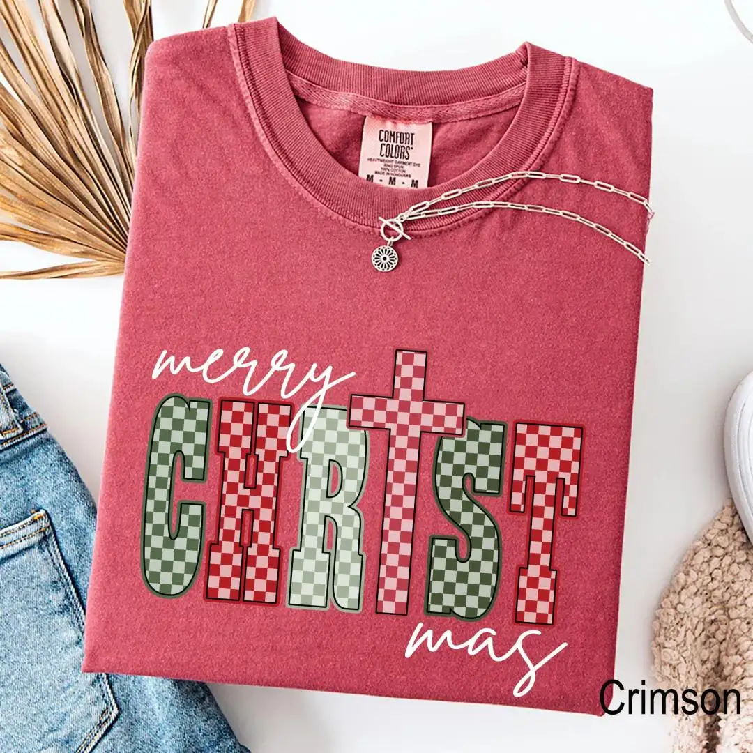 Christian Christmas Shirt with Checkered Cross Holiday Gift