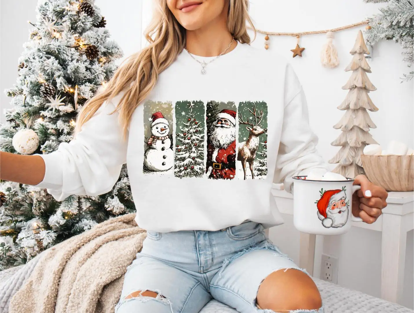 Vintage Christmas Santa Snowman Graphic Shirt