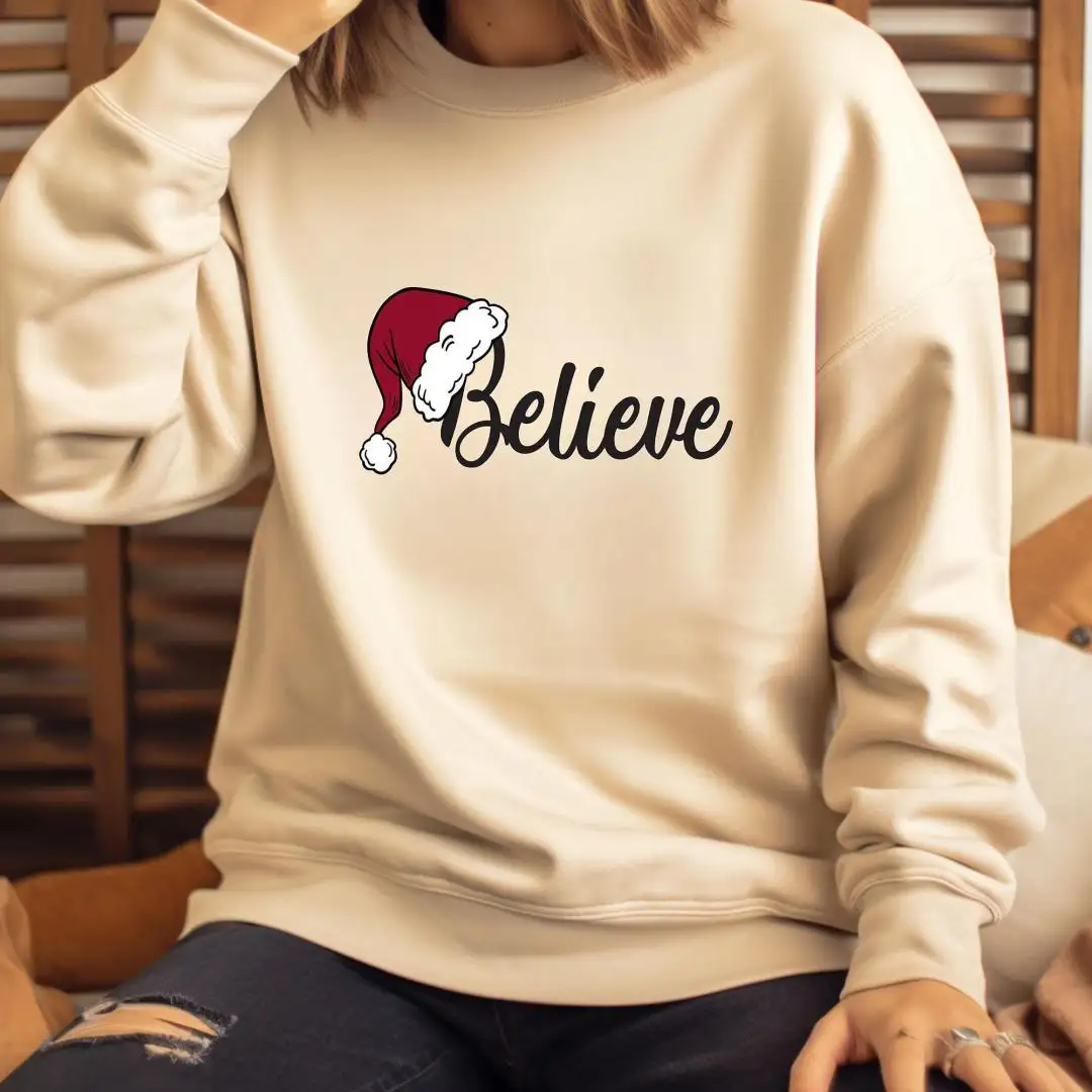 Christian Christmas Believe Shirt with Santa Hat Holiday Gift