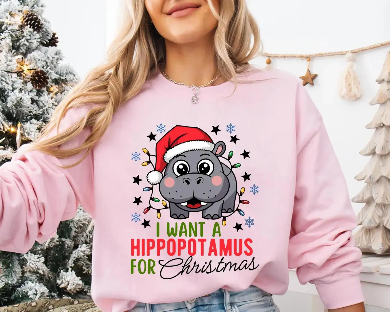 Hippopotamus Christmas Shirt with Lights Cute Holiday Shirt