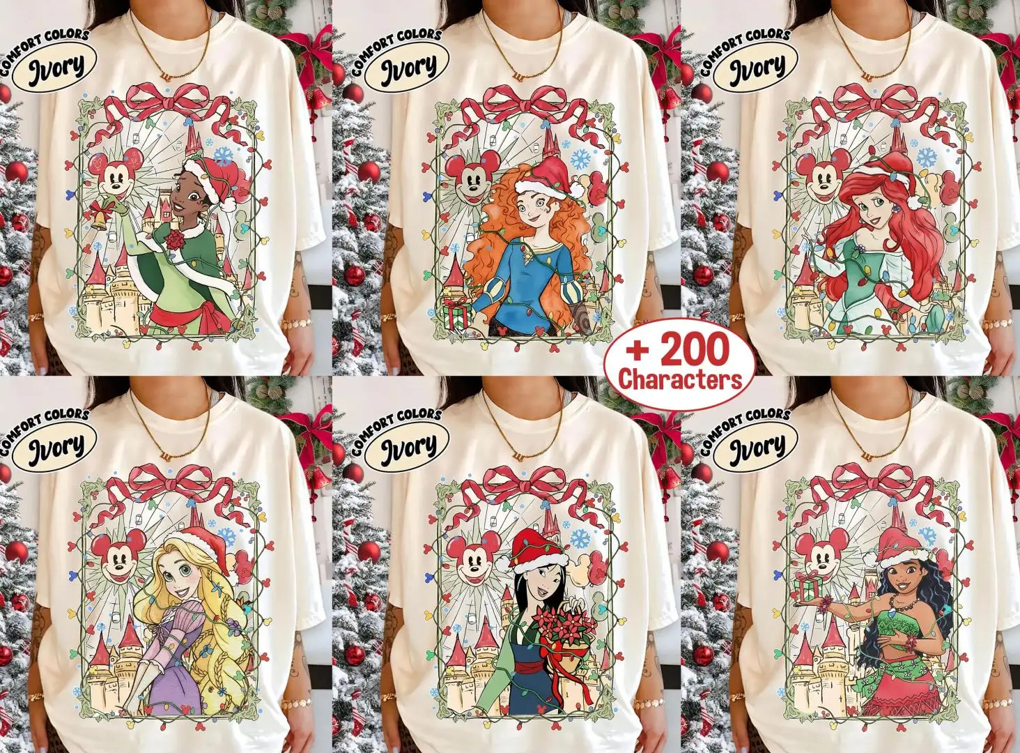 Disney Princess Christmas Lights Coquette Bow Shirt