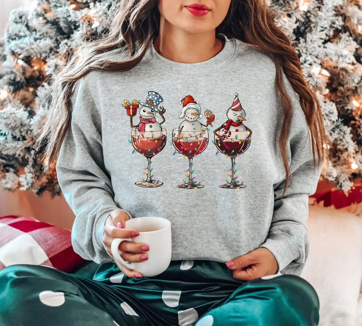 Christmas Wine Lover Shirt with Snowmen Design