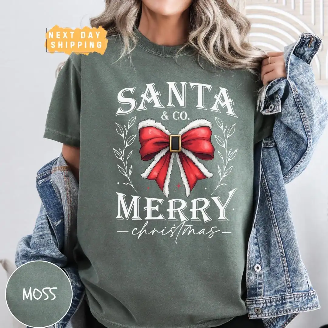Christmas Santa Holiday Shirt with Festive Red Bow Design