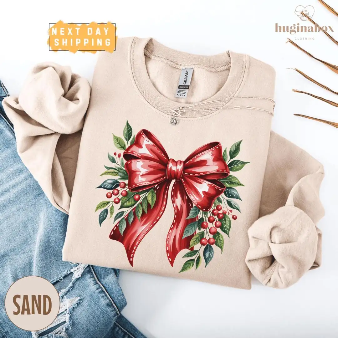 Christmas Bow Shirt with Holly Berries Holiday Design