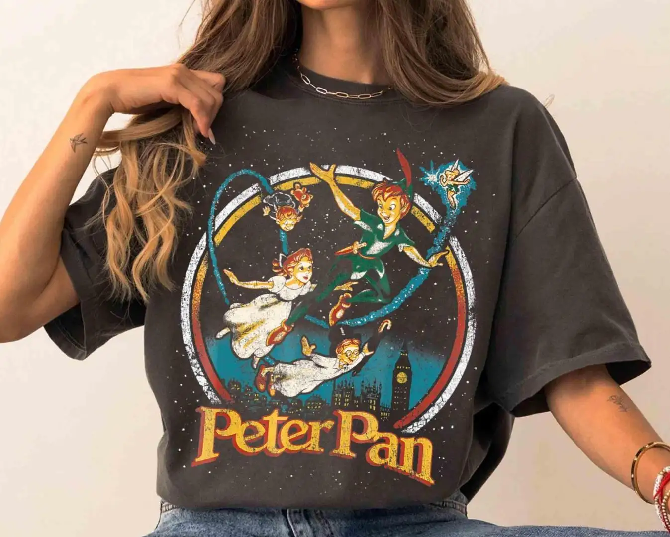 Retro Peter Pan Flying Graphic Shirt for Disneyland Family Trips
