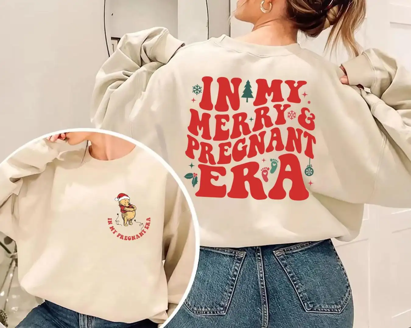 Pregnancy Reveal Christmas Shirt with Disney Pooh Bear